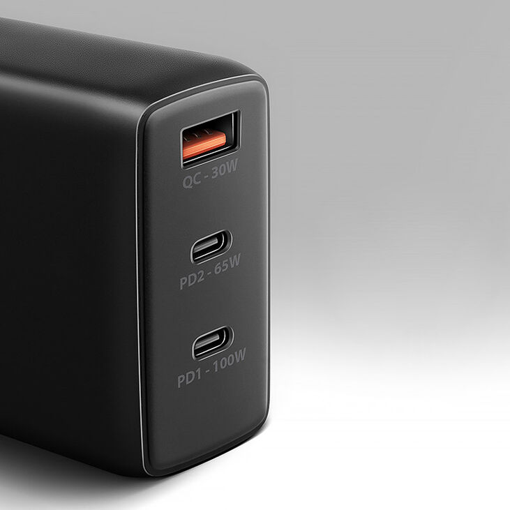 AXAGON ACU-DPQ100 GaN Wall charger, 3x port (USB + dual USB-C), PD3.0/QC4+/PPS/Apple, 100W, black image number 1