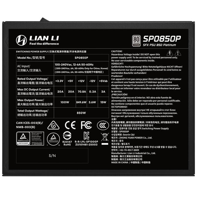Lian Li SP Series Platinum 80 PLUS Platinum Netzteil, SFX, vollmodular, PCIe 5.1, ATX 3.1 - 850 Watt, schwarz image number 5