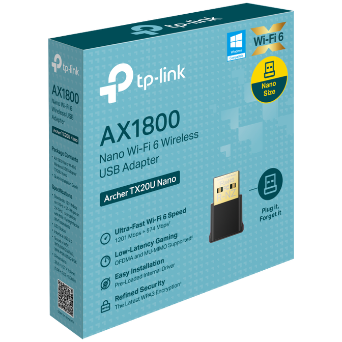 TP-Link Archer TX20U Nano USB Wi-Fi Adapter, Wi-Fi 6 AX1800, Dual-Band - black image number 1