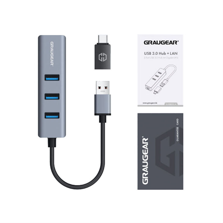 Graugear USB-Hub, 3x USB 3.0 Type-A Gbit LAN, inkl. USB-C Adapter - silber image number 2