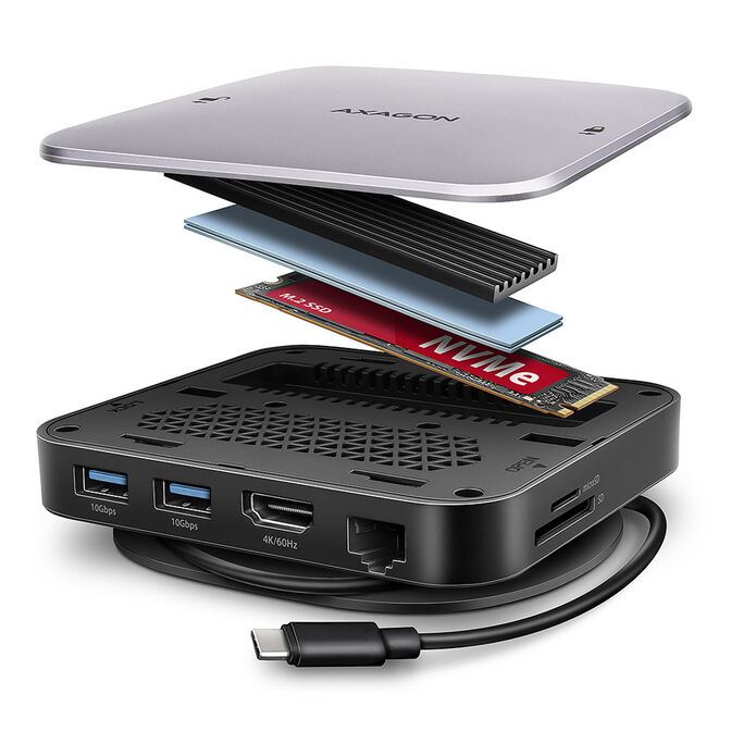 AXAGON HMC-UFO USB-C Hub, M.2 SATA/NVMe, 1 Gbit/s Ethernet, 384 kHz Audio - black/silver image number 0