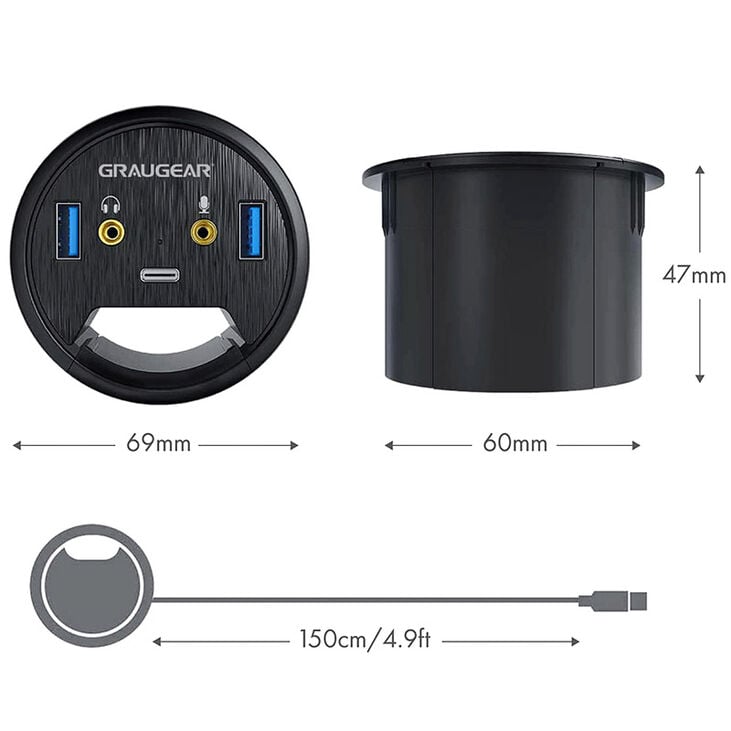 Grey Gear Table HUB, USB 3.0 2x Type-A / 1x Type-C, audio connection, 60 mm image number 2