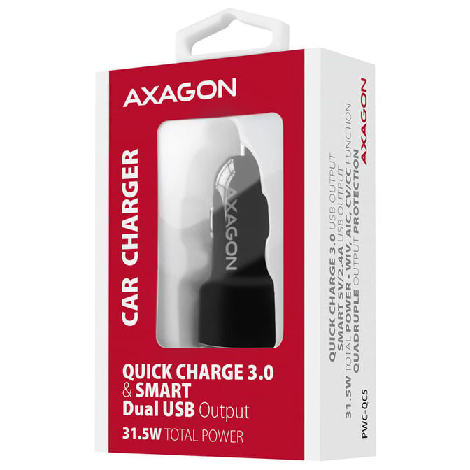 AXAGON PWC-QC5 Auto-Ladeger&auml;t, 1x USB-A QC 3.0 + 1x USB-A SmartCharge, 31,5 W, CL-Stecker - schwarz image number 7