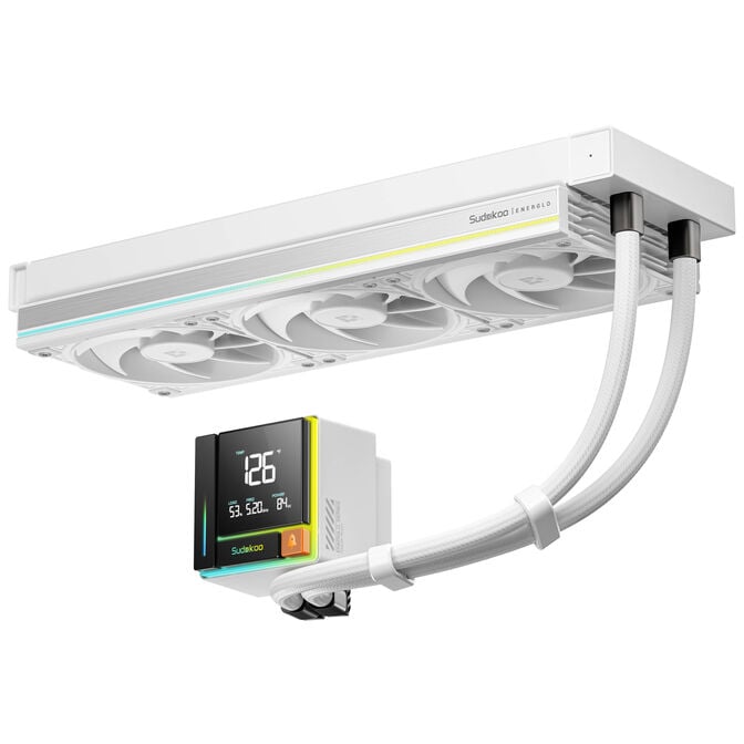 Sudokoo energlo 360 | 360mm aio vodno hlajenje z lcd zaslonom | argb pwm | belo | hladilnik za procesor 2 Sudokoo energlo 360 white aio hladilnik s 360mm radiatorjem in belimi cevmi