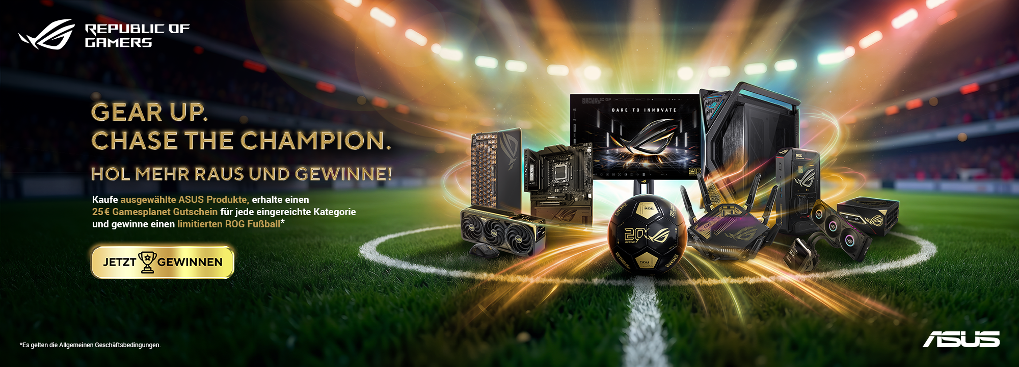 ROG 20th Football Promotion 2026 — Kaufe ausgewählte ASUS Produkte, erhalte einen 25 € Gamesplanet Gutschein je eingereichter Kategorie und gewinne einen limitierten ROG Fußball