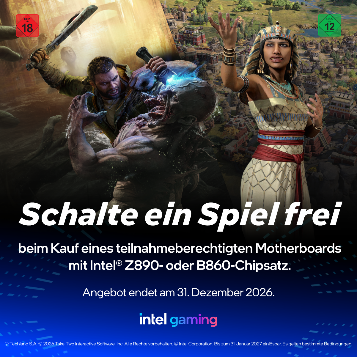Intel Gaming Bundle Key Visual mit Sid Meier's Civilization VII, Dying Light: The Beast und HITMAN 3.