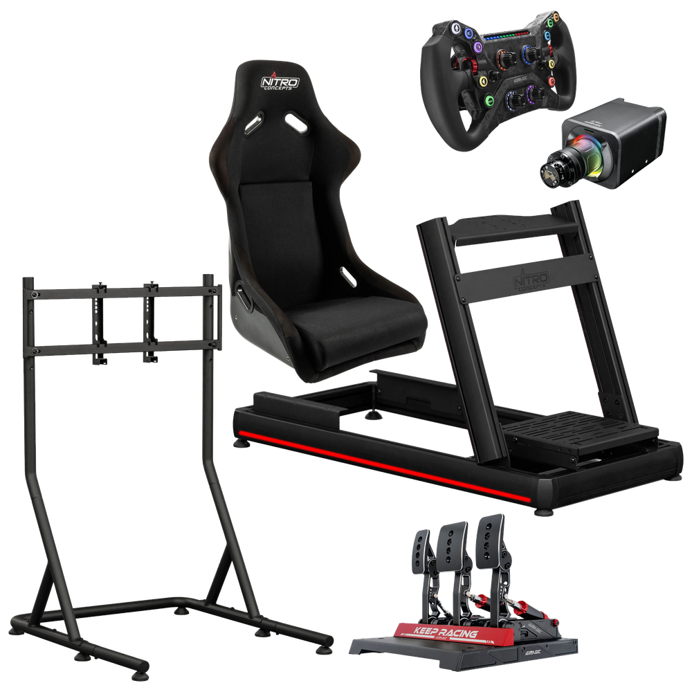 Silber-Bundle: Simagic Alpha EVO Wheelbase, GT Neo Lenkrad, P1000 Pedale, Nitro Concepts E-Racer LED Evo und Monitor Stand