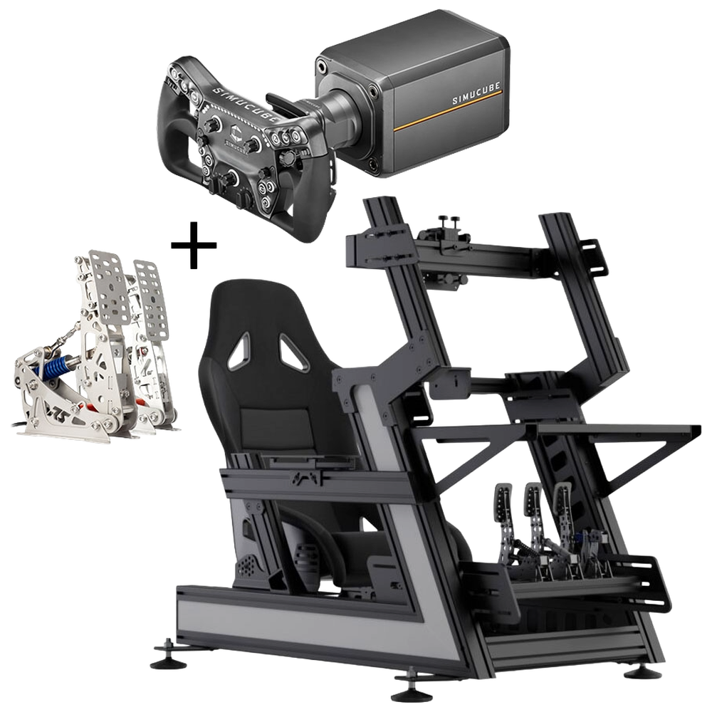 Gold-Bundle: Simucube 3 Pro mit Link Hub, Savu Pro Lenkrad, VRS DirectForce Pro Pedale und TrackTime Series One Cockpit