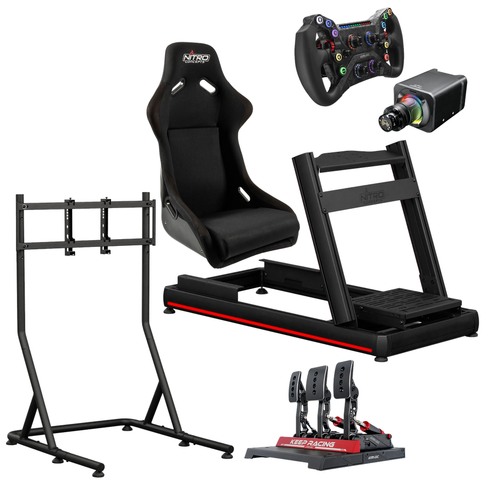 Silber-Bundle: Simagic Alpha EVO Wheelbase, GT Neo Lenkrad, P1000 Pedale, Nitro Concepts E-Racer LED Evo und Monitor Stand
