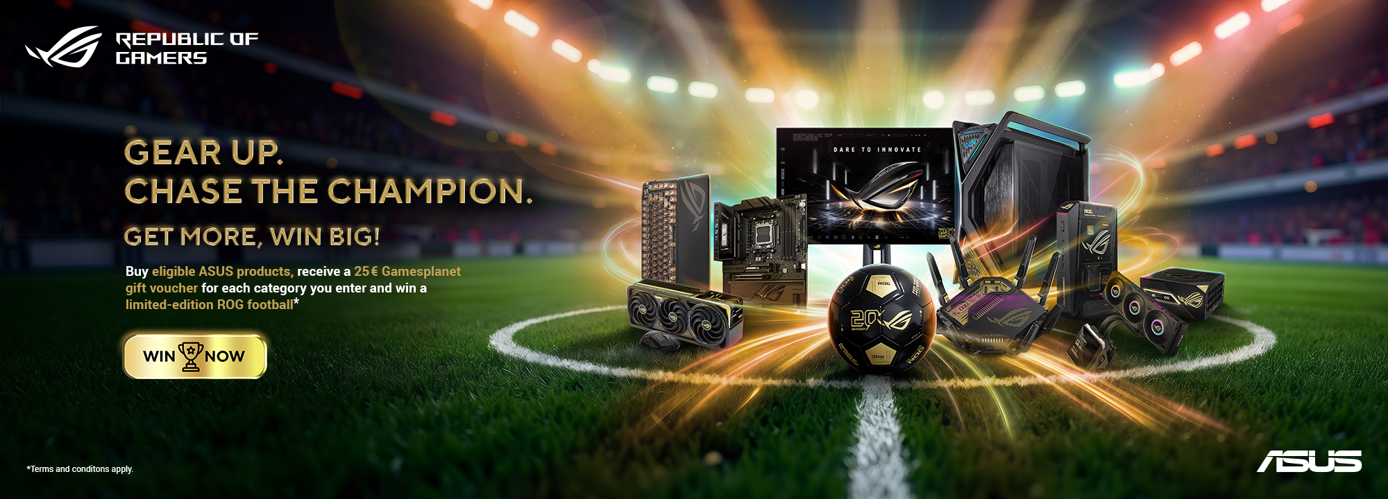 ROG 20th Football Promotion 2026 — Buy selected ASUS products, get a €25 Gamesplanet voucher per submitted category and win a limited-edition ROG football