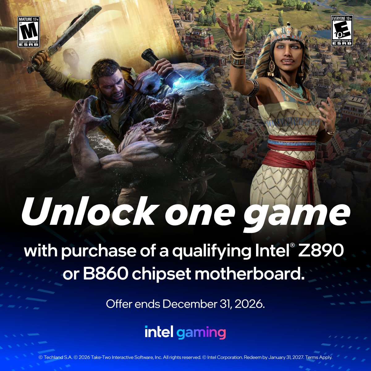 Intel Gaming Bundle key visual featuring Sid Meier's Civilization VII, Dying Light: The Beast and HITMAN 3.