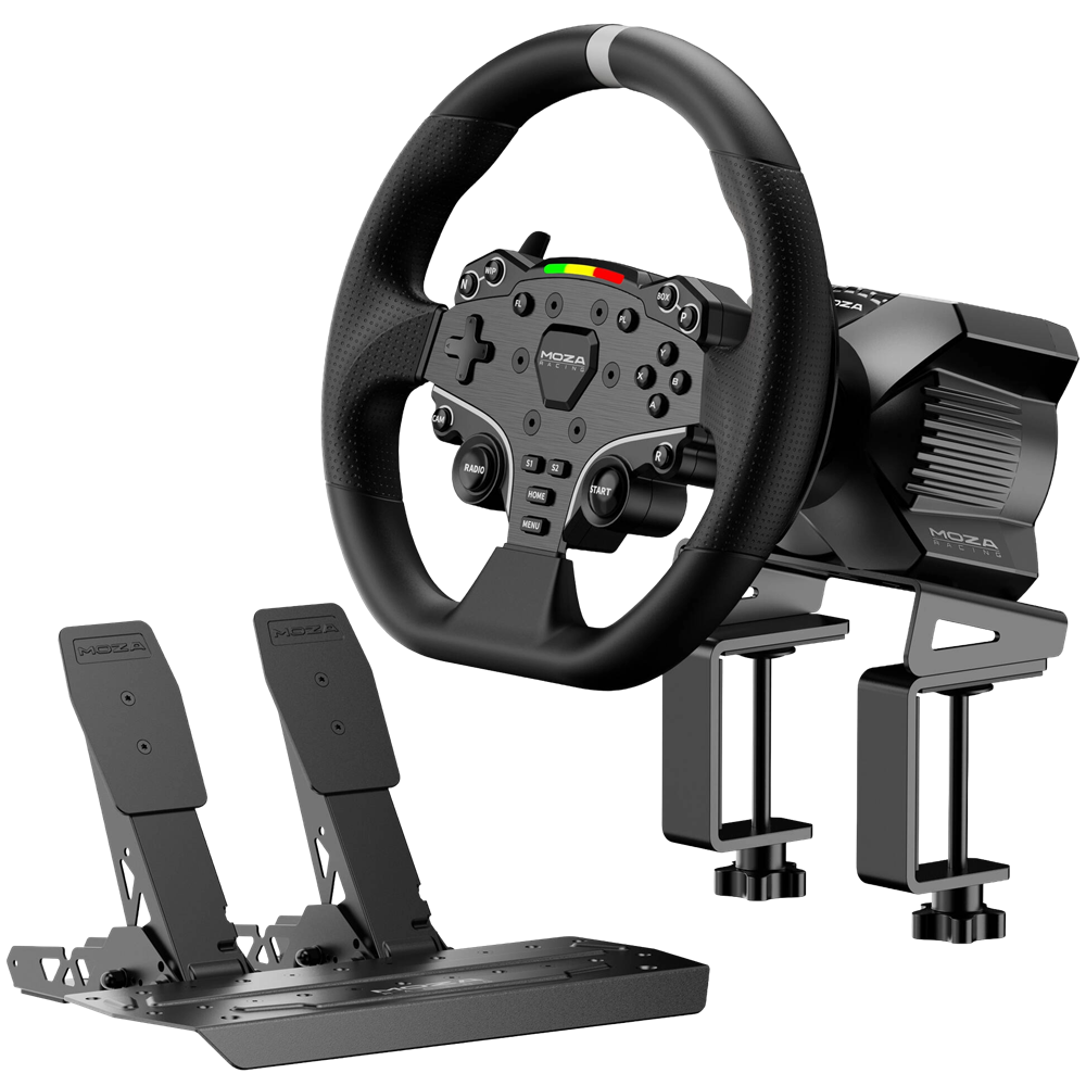 MOZA R3 steering wheel, wheelbase and pedals