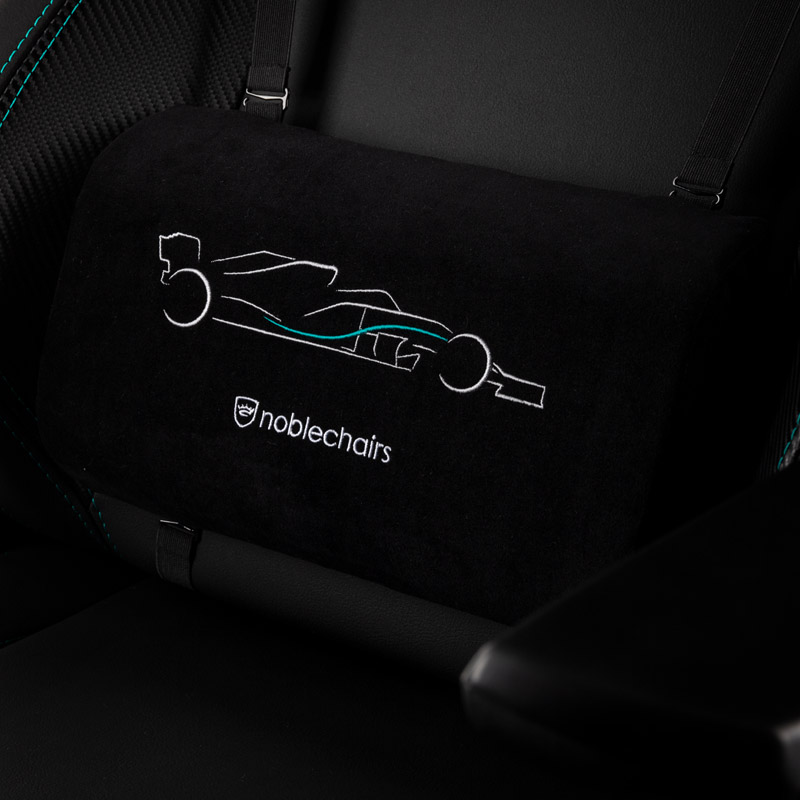 The picture shows the EPIC gaming chair from noblechairs in the Mercedes-AMG Petronas F1 Team Edition.