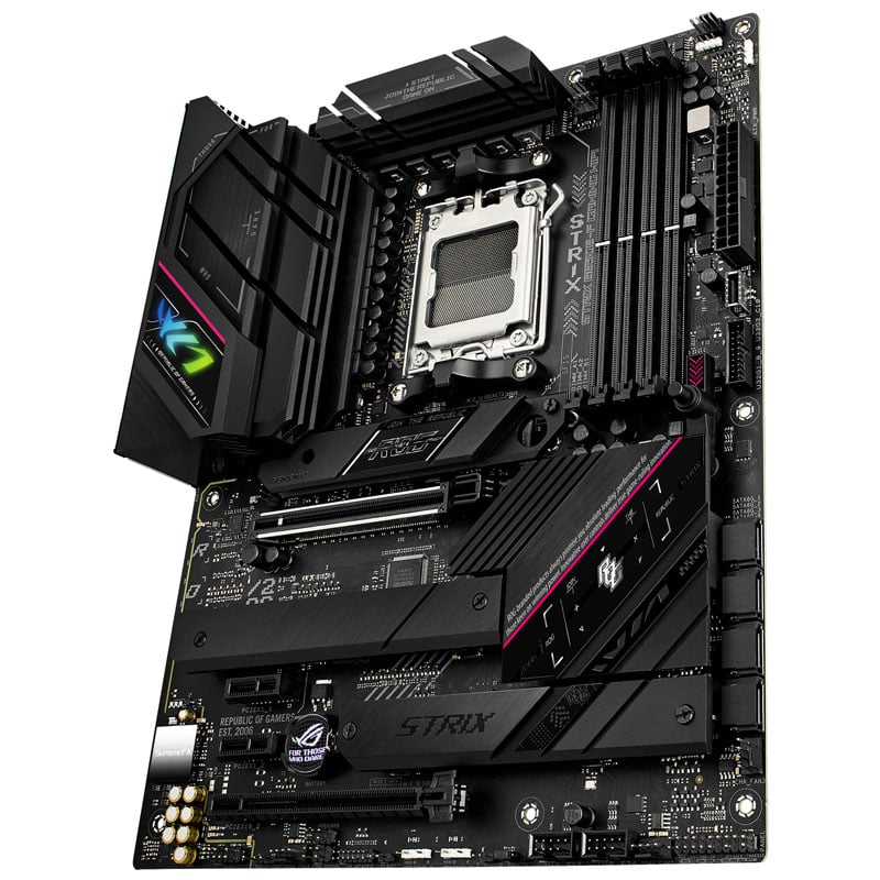 Das Bild zeigt das ROG Strix B650E-F Gaming WiFi Mainboard.