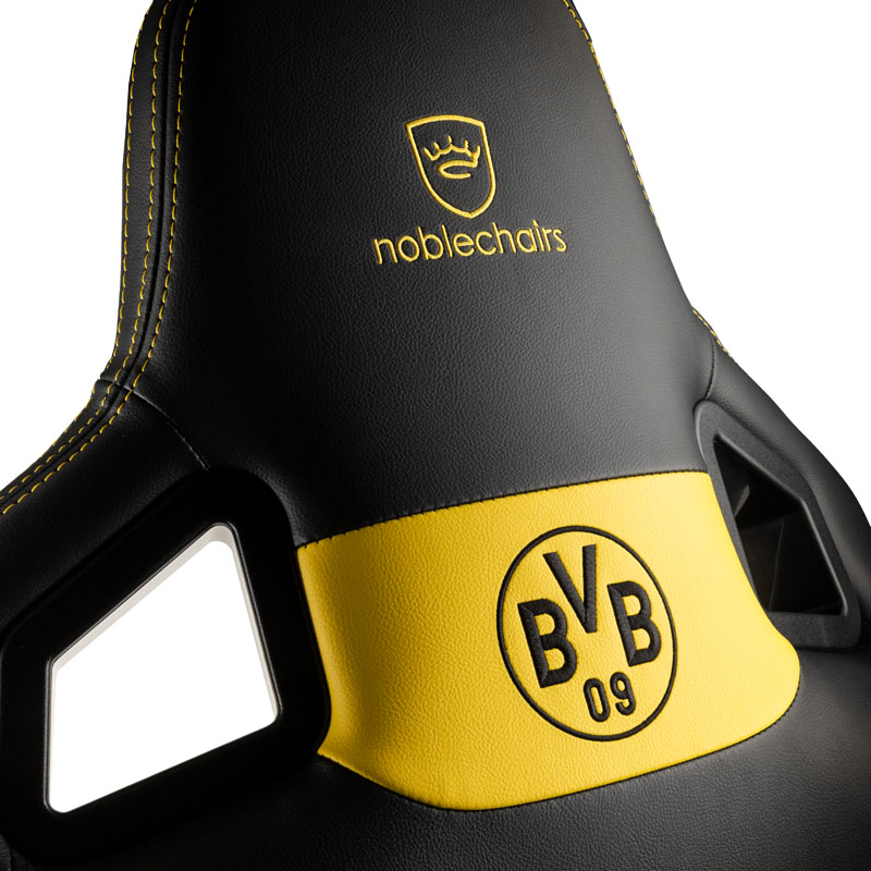 The image shows the noblechairs EPIC Gaming Chair - Borussia Dortmund Edition.