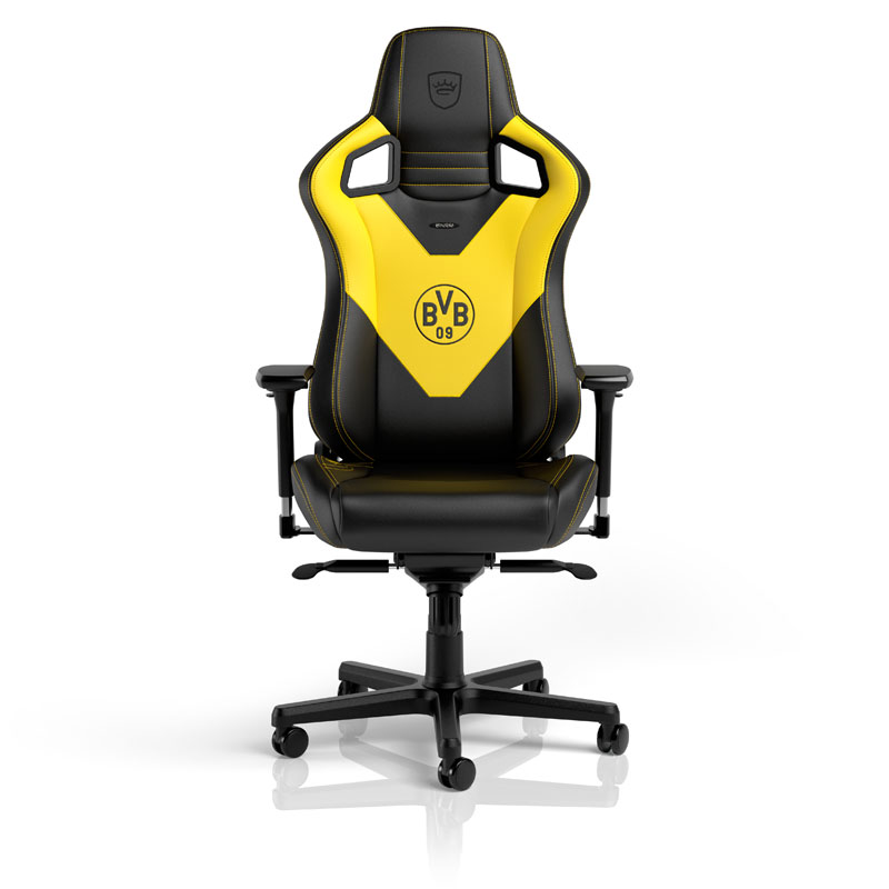 The image shows the noblechairs EPIC Gaming Chair - Borussia Dortmund Edition.