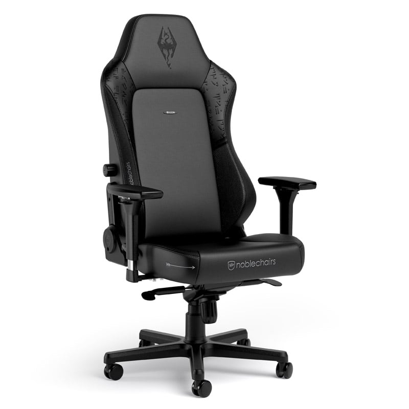 The image shows the noblechairs HERO Gaming Chair - The Elder Scrolls V: Skyrim 10th Anniversary Edition Edition.
