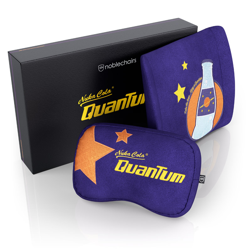 The image shows the noblechairs Nuka-Cola Quantum Edition pillow set.