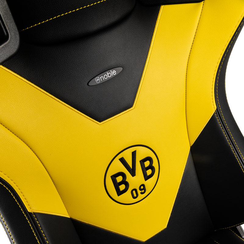 The image shows the noblechairs EPIC Gaming Chair - Borussia Dortmund Edition.