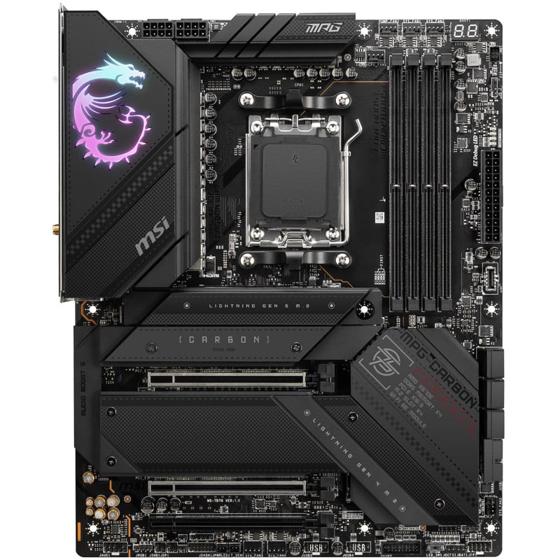 Das Bild zeigt das High-End-Gaming-Mainboard MSI MPG X670E Carbon WiFi.