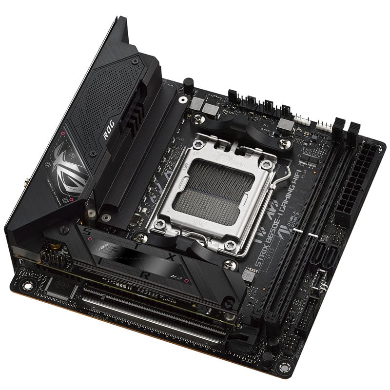 The image shows the ROG STRIX B650E-I GAMING WIFI motherboard.