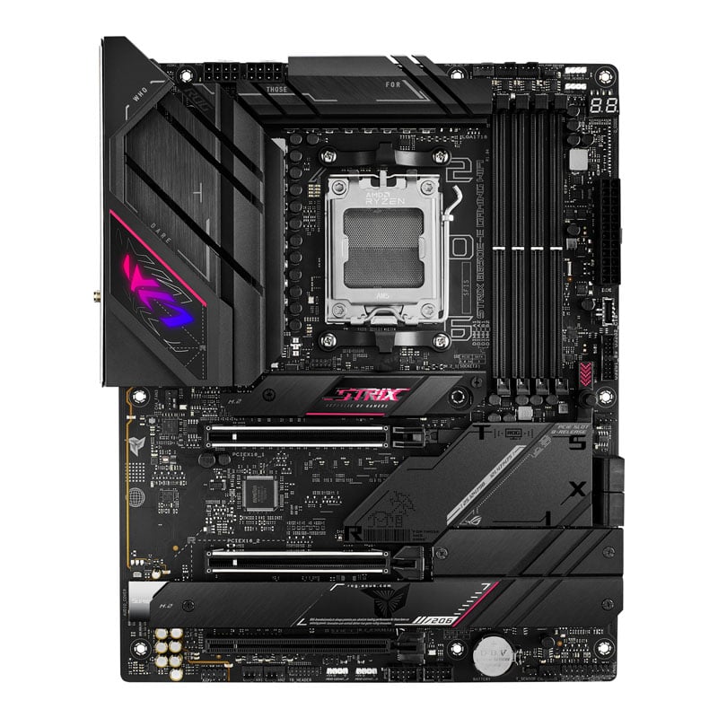 The image shows the ROG Strix B650E-E Gaming WiFi motherboard.