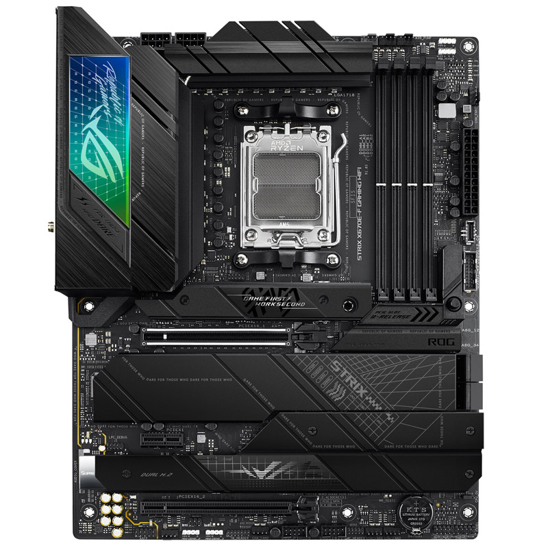 The image shows the high-end gaming motherboard ASUS ROG Strix X670E-E Gaming.