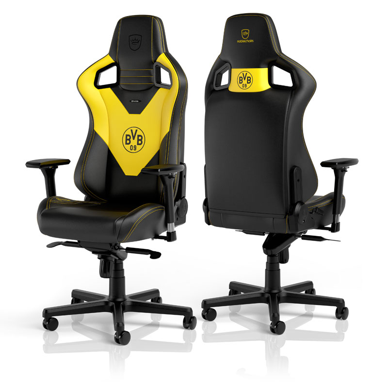 The image shows the noblechairs EPIC Gaming Chair - Borussia Dortmund Edition.