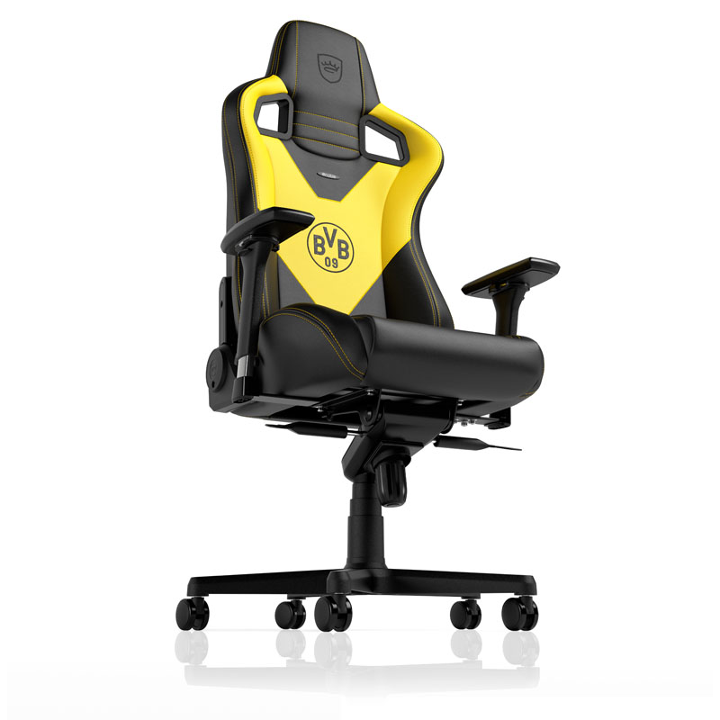 The image shows the noblechairs EPIC Gaming Chair - Borussia Dortmund Edition.