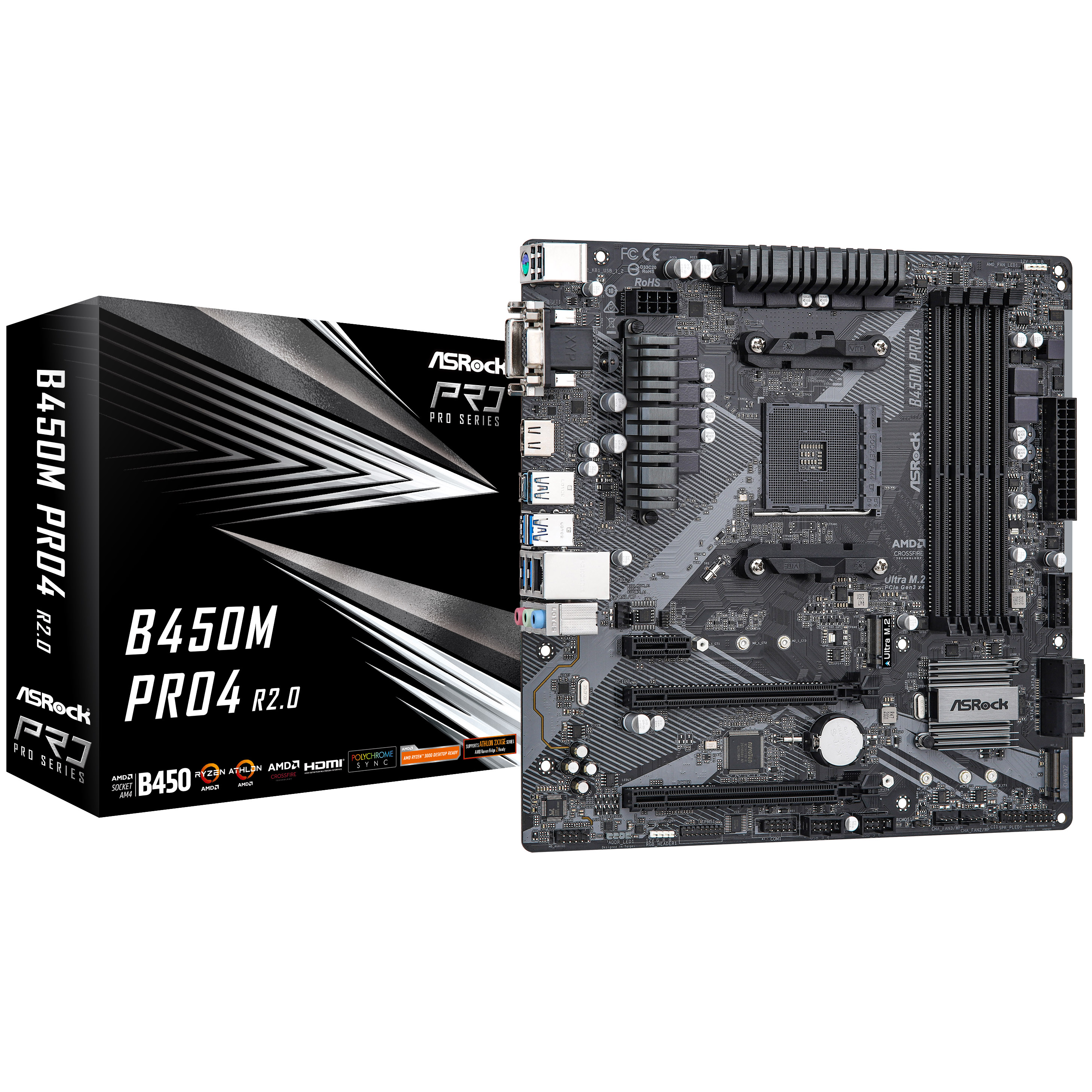 ASRock B450M PRO4 R2.0 Mainboard -B450-Chipsatz, Sockel AM4, DDR4