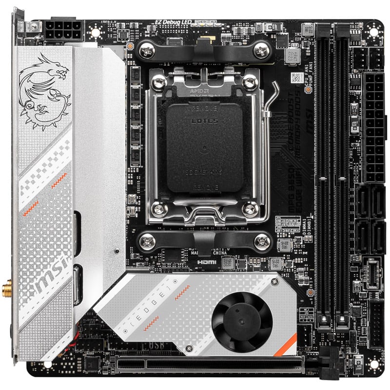 Das Bild zeigt das MSI MPG B650I Edge WiFi Mainboard.
