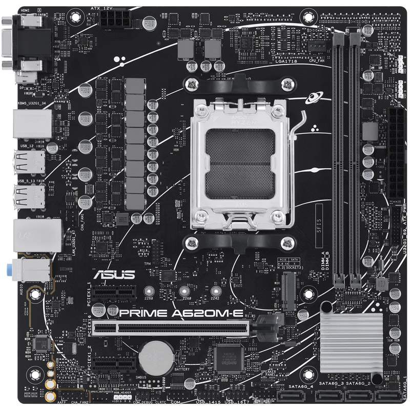Das Bild zeigt das ASUS Prime A620M-E-CSM Mainboard.